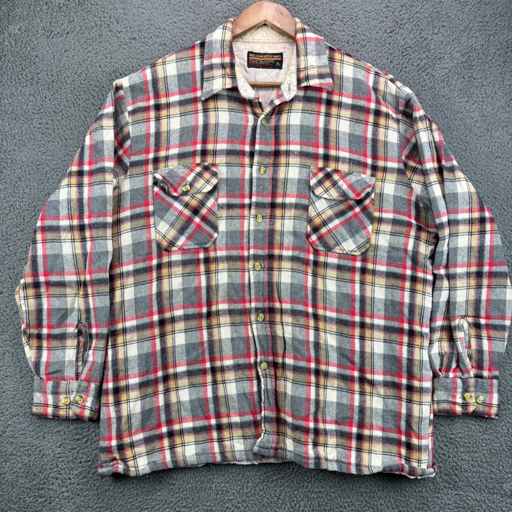 Montgomery Ward Mens XL Plaid Wool Blend Quilted Flannel Shirt Jacket Gray Red